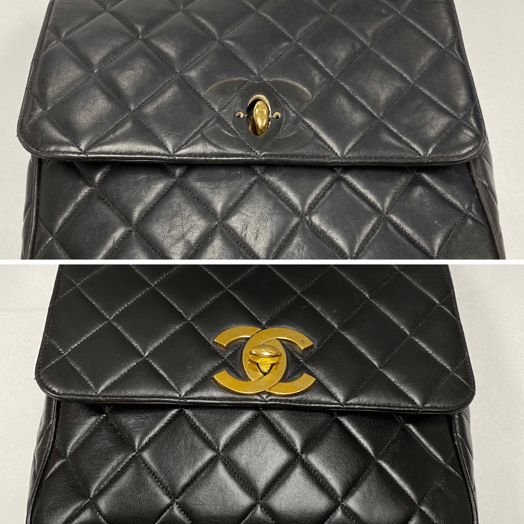 Chanel classic flap bag clasp repair, clean & refinish leather