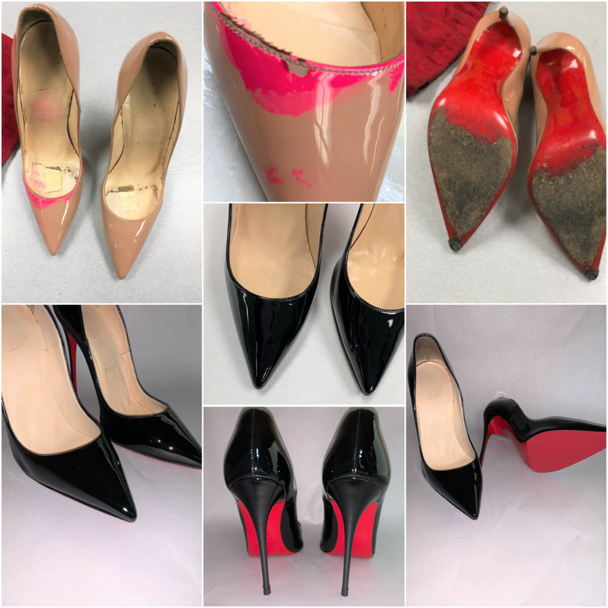 Louboutin Patent Leather Repair and Color Change, Protective Soles Added