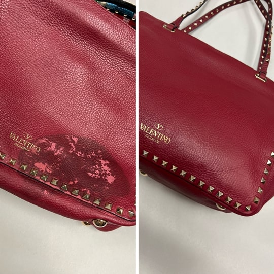 Valentino - redye stained leather - repair lettering and stains from hand sanitizer